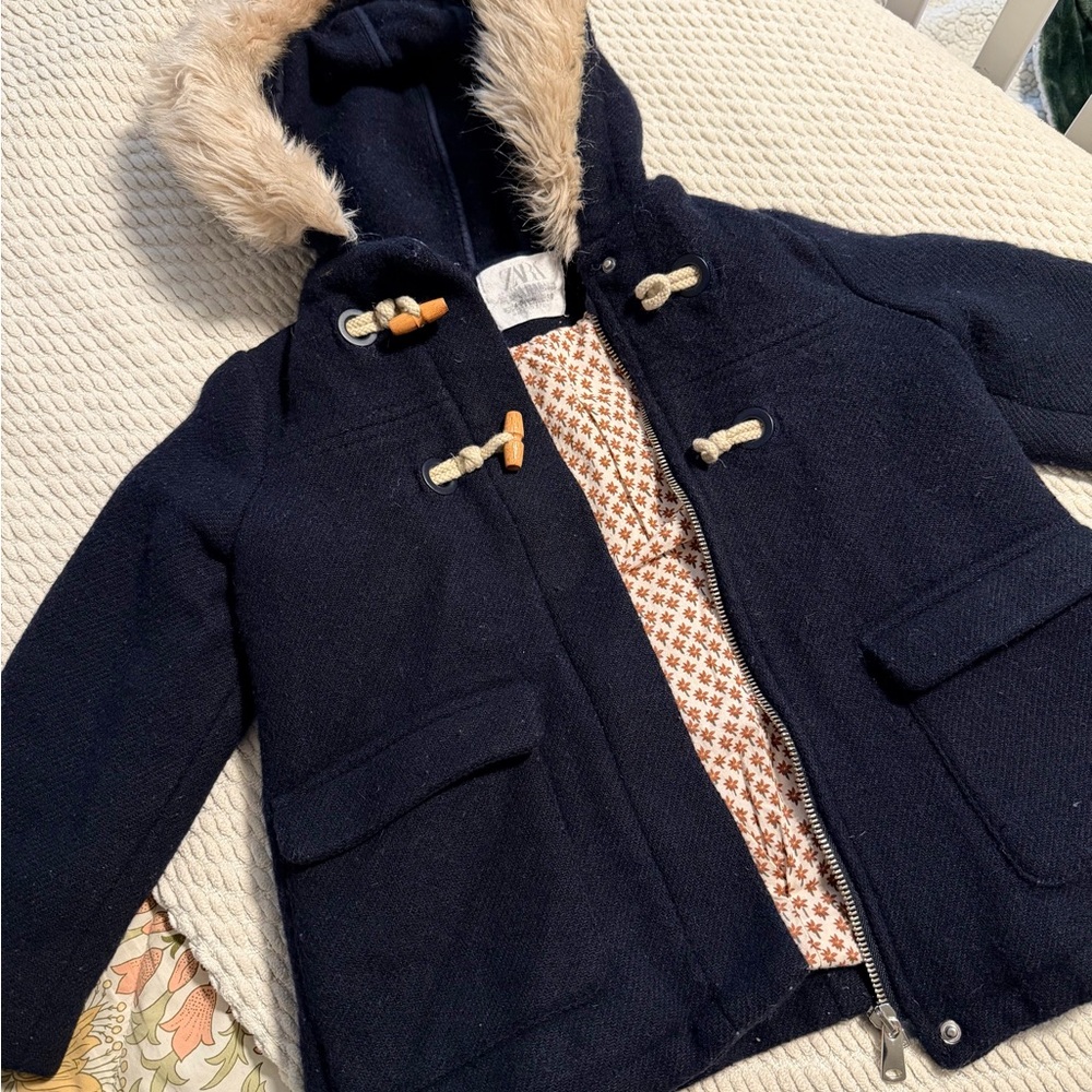 Zara Navy Kids Pea Coat with Faux Fur Hood